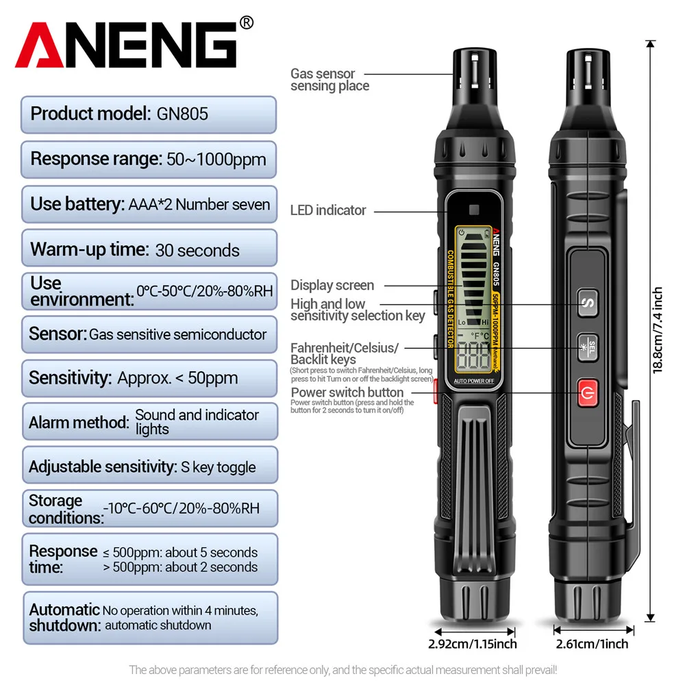 ANENG GN805 Combustible Gas Leak Detector 50~1000PPM Sound Alarm Gas-sensitive Semi-conduct Detector LCD Backight Screen Tools