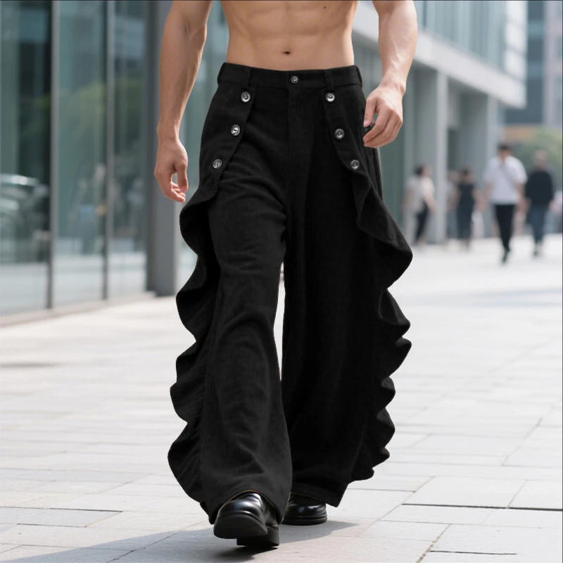 INCERUN Pantaloni da uomo Pantaloni con bottoni in tinta unita Pantaloni larghi con volant Pantaloni casual da uomo Streetwear 2025 Pantaloni dritti per il tempo libero alla moda