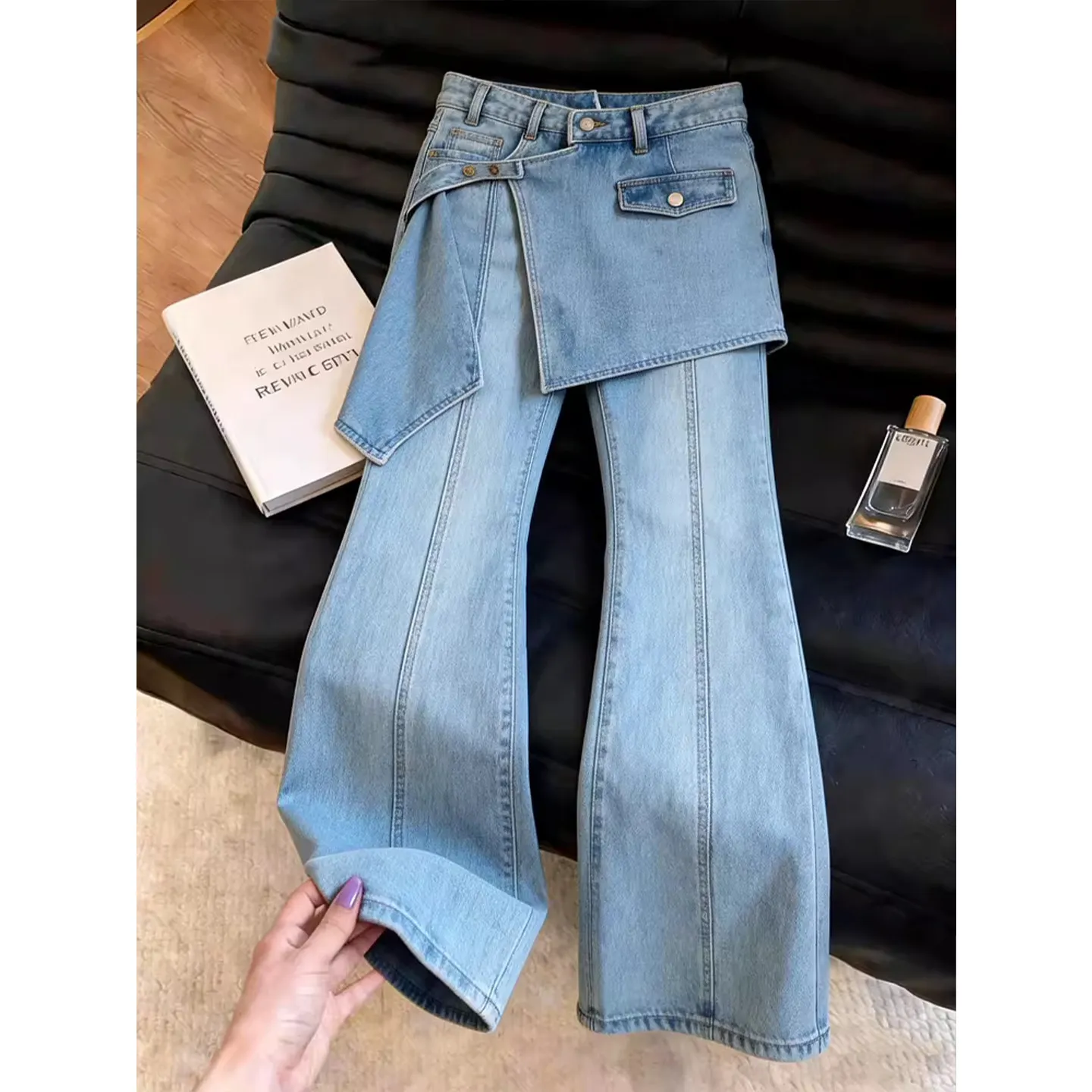 Women Skirt Overlay Flare Jeans Light Wash Denim Layered Wrap Skirt Panel High Waist Bell Bottom Pants