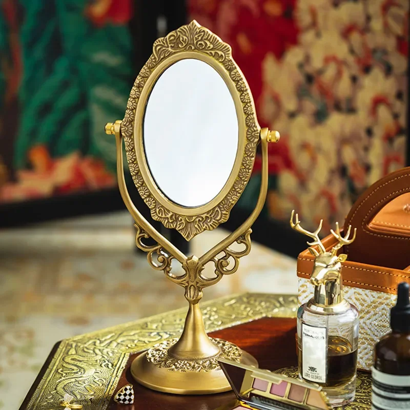 Vintage Brass Makeup Mirror with Engraved Pattern European Style Luxury Dressing Table Mirror for Hotel Villa Home Decor High