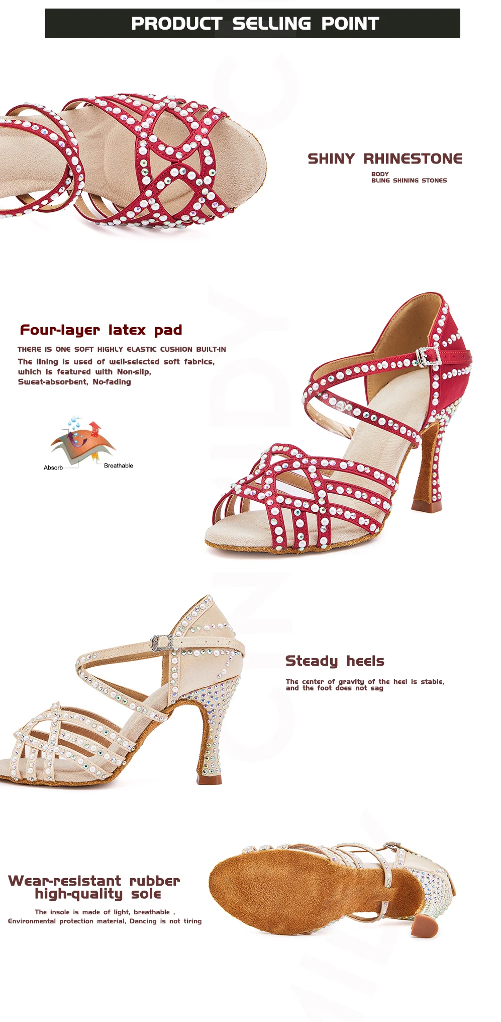 CINMIDY Perlen Latein Tanzschuhe Tango Salsa Jazz Ballsaal Tanzschuhe für Damen Rote Strass Hochzeitsschuhe – Detail 3