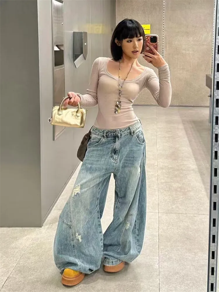 

American Retro Wide Leg Jeans Women Loose Drapey Spring Autumn Tall Extended Banana Pants Casual Style Faded Washed Loose Fit