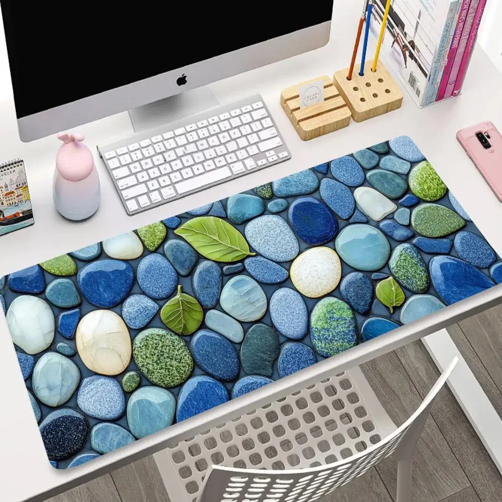 

XXL blue and white stone green leaf pattern mousepad large expansion PC game accessory HD printed rubber anti-slip and washable