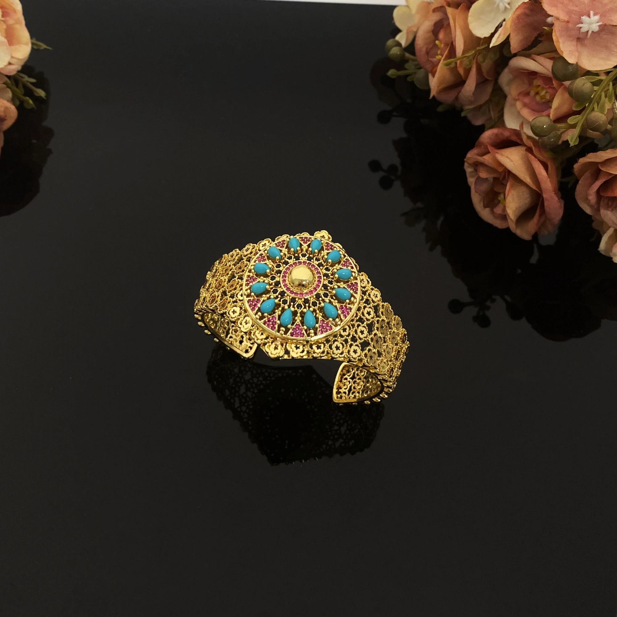 

Flora Gold Plated Zircon Open Bracelet Adjustable Ring Set African Jewelry Daily Accessory for Women Party Gift