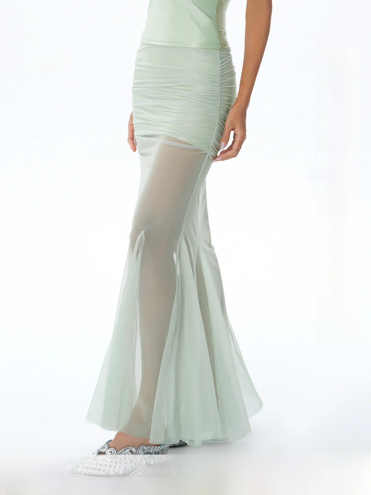 ABMY Holiday Style Satin Mesh Half Skirt Women's Slim Fit Fish Tail Skirt High Elasticity Breathable Skin-friendly Daily Wear