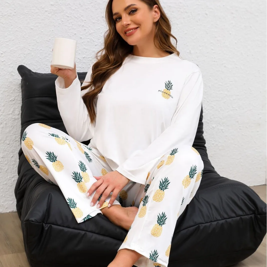 

Женский пижамный комплект больших размеров с длинными рукавами и принтом ананасов, удобные брюки для сна