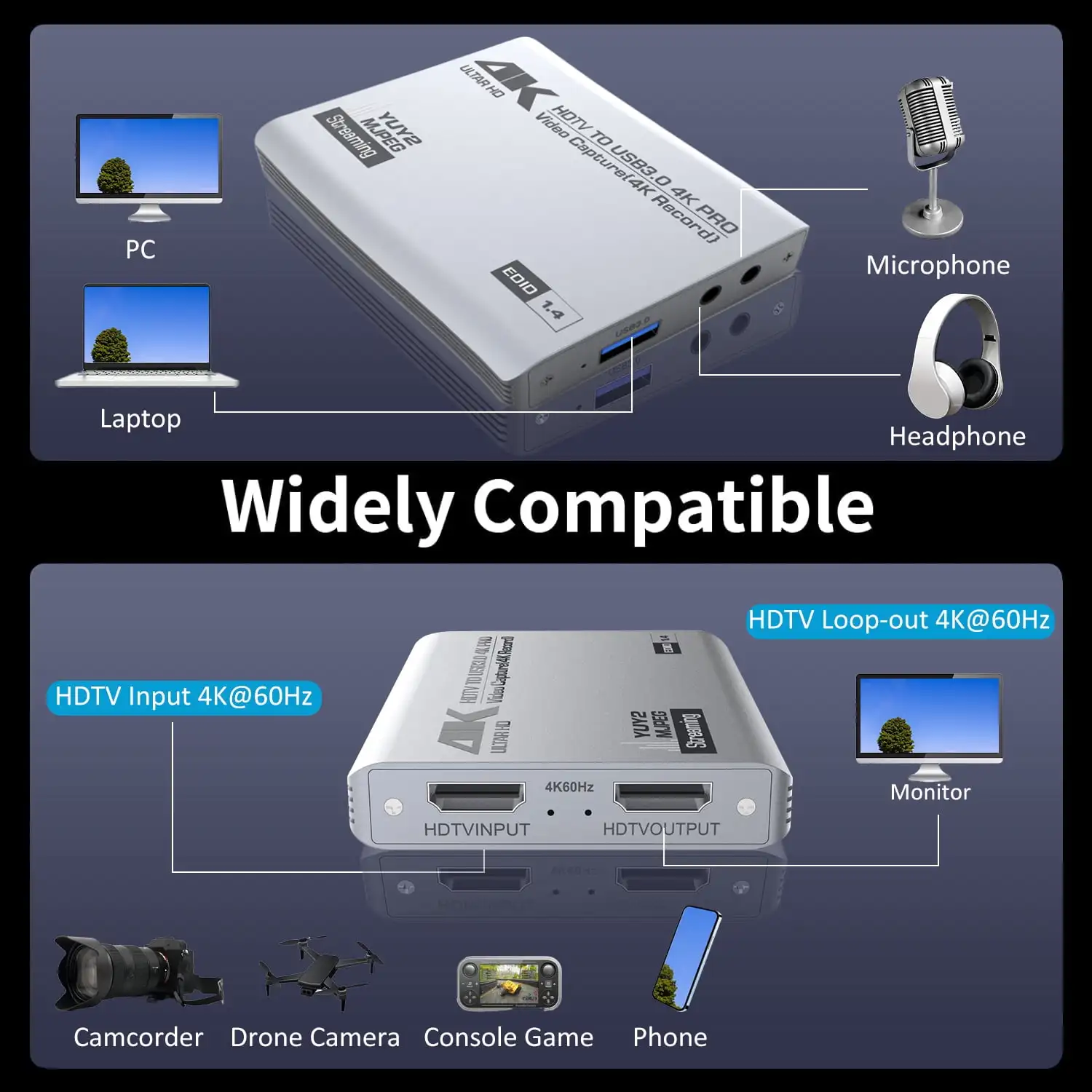 USB 3.0 4K HDTV Video Capture Card with Loop-Out 1080P 60FPS Audio Video Capture for PS5, Switch, Xbox ,Camera, PC, OBS