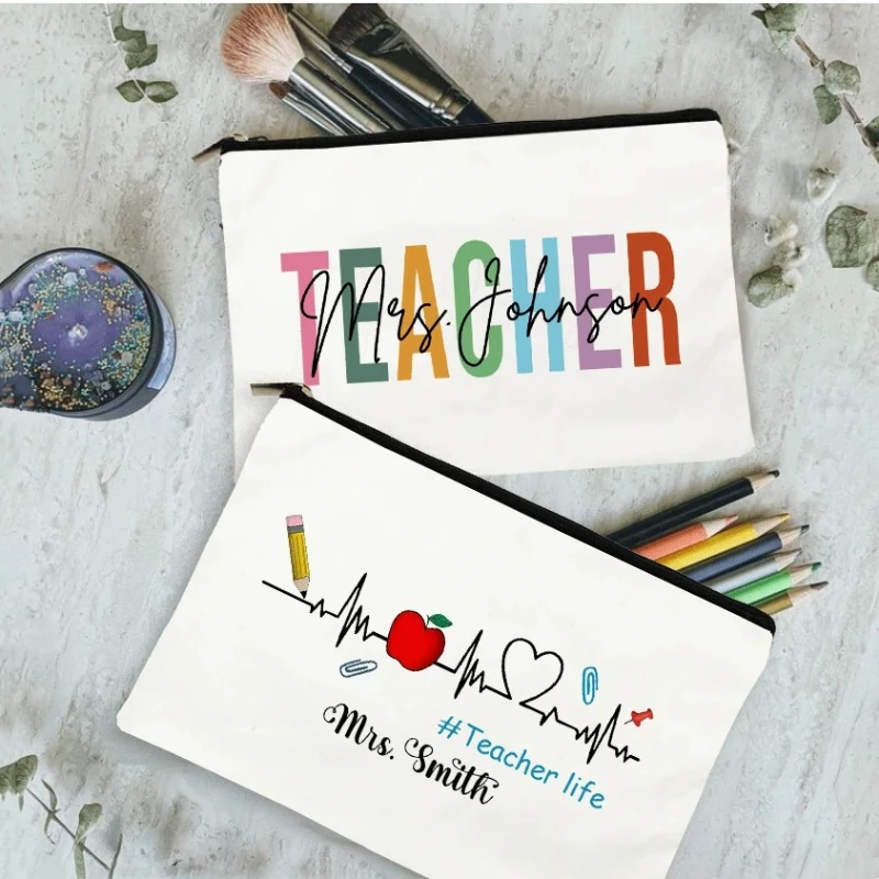 

Personalized Makeup Bag Custom Name Cosmetic Case Teacher Life Pencil Bags Canvas Toiletry Pouch Best Thank Gifts for Teachers