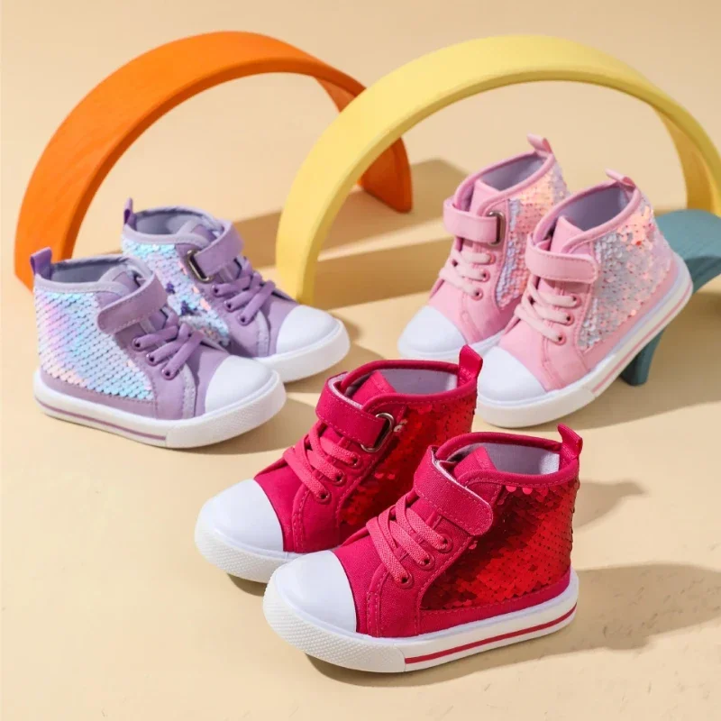 Autumn New Girls' Shoes High Top Child Sneakers Trendy Sequins Canvas Shoe for Child Brand Comfortable Flat Sneakers Girl Tenis