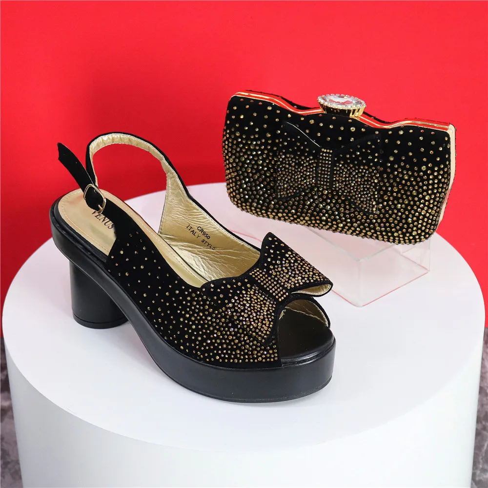 Elegante Schwarze Damen-Sandalen mit Blockabsatz, Plateau, Peeptoe und Strass-Verzierung & Clutch-Tasche Set für Hochzeit, Party und Abendveranstaltungen – Detail 34