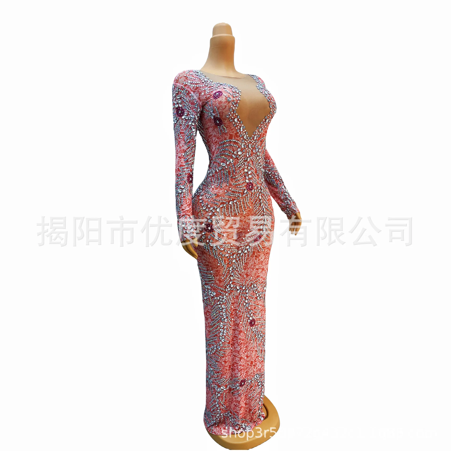 2026 مسحوق المرجان الجبهة سبليت لامعة منظور شبكة مرصعة بأحجار الراين مزاجه كوكتيل حفلة عيد ميلاد فستان الأداء الليلي