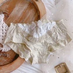 Women Cute Lovely Sweety Bow Lace Ruffles Panties Princess Style Soft Breathable Stretch Seamless Milk Silk Underwear Breifs