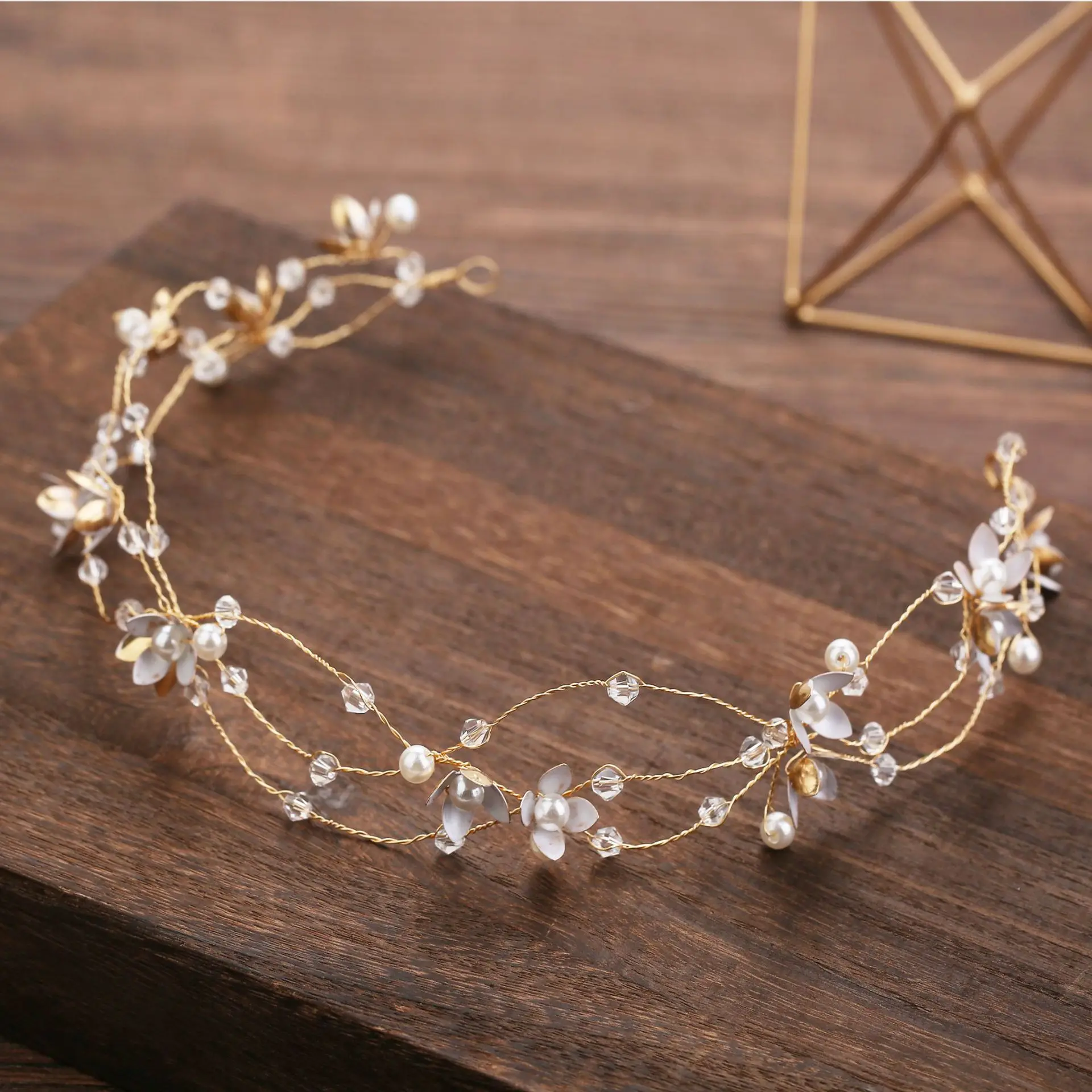 Forseven Flower Headbands Wedding Hair Accessories For Women Pearl Golden Beaded Hairbands Tiaras Bridal Gift Party Hair Jewelry