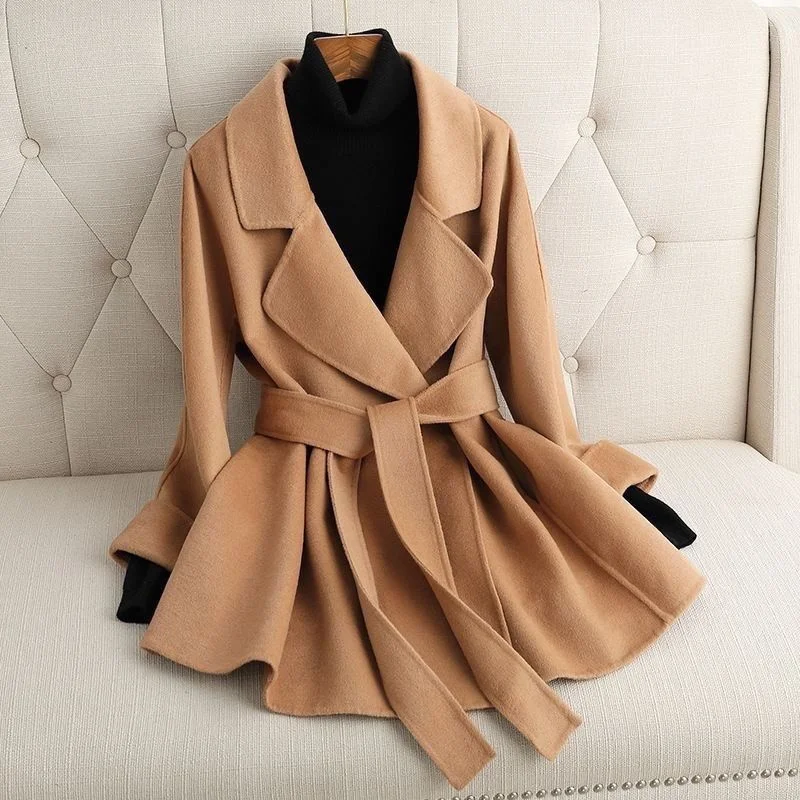 

2024 Vintage Woolen Coat Women Autumn Winter Wool Blend Jacket Ladies Korean Fashion Elegant Solid Color Lace Up Outerwear