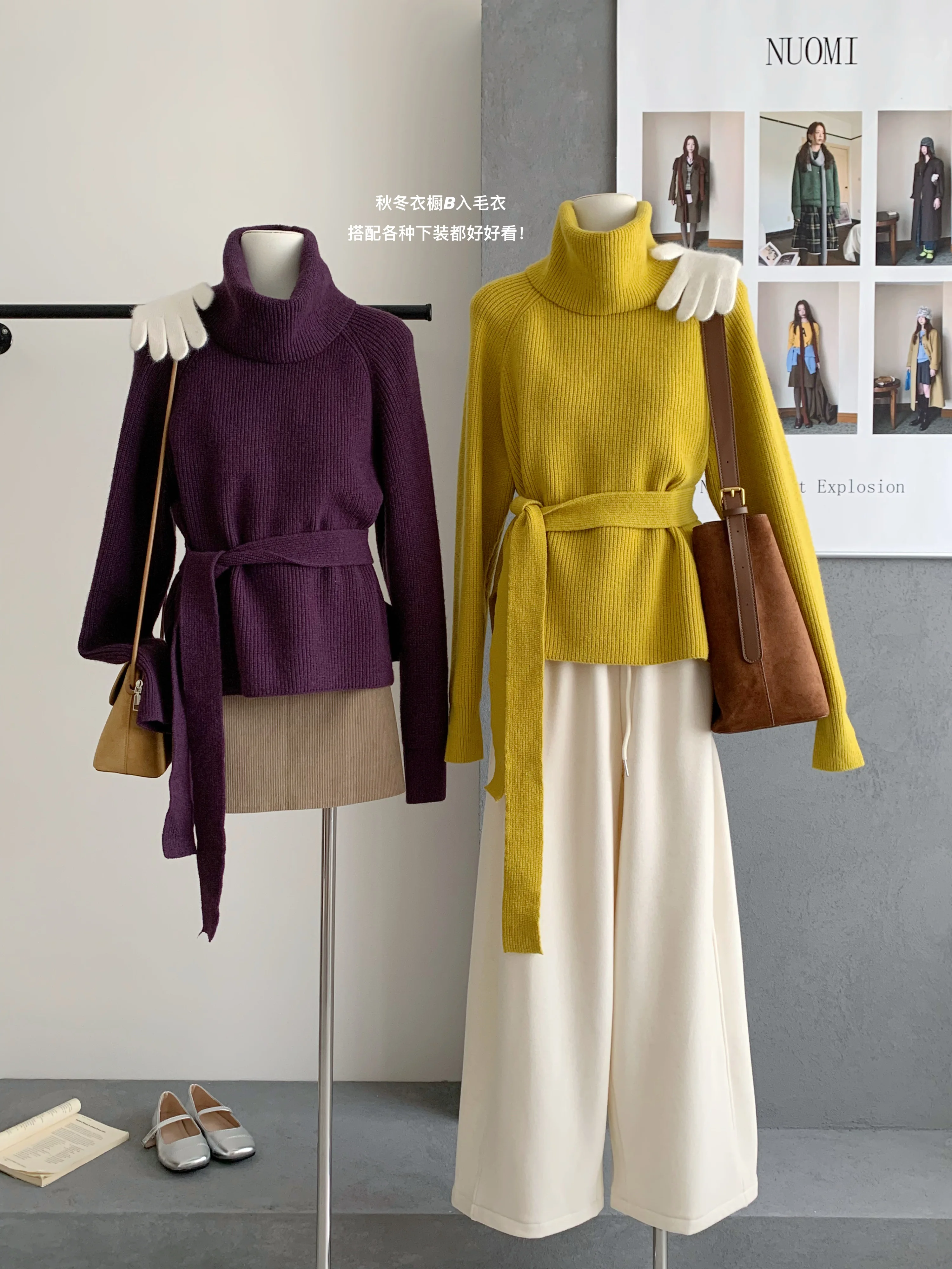 

Women's Autumn Winter Turtleneck Long Sleeve Sweater Lady Solid Color Pullover Jumper Top With Sashes