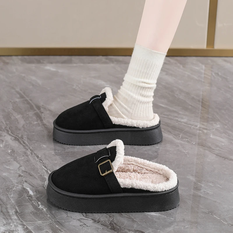 Women Height Increase Platform Cotton Slides Plush Upper Wear Resistant Flat TPR Sole Autumn Indoor Walking Shoes