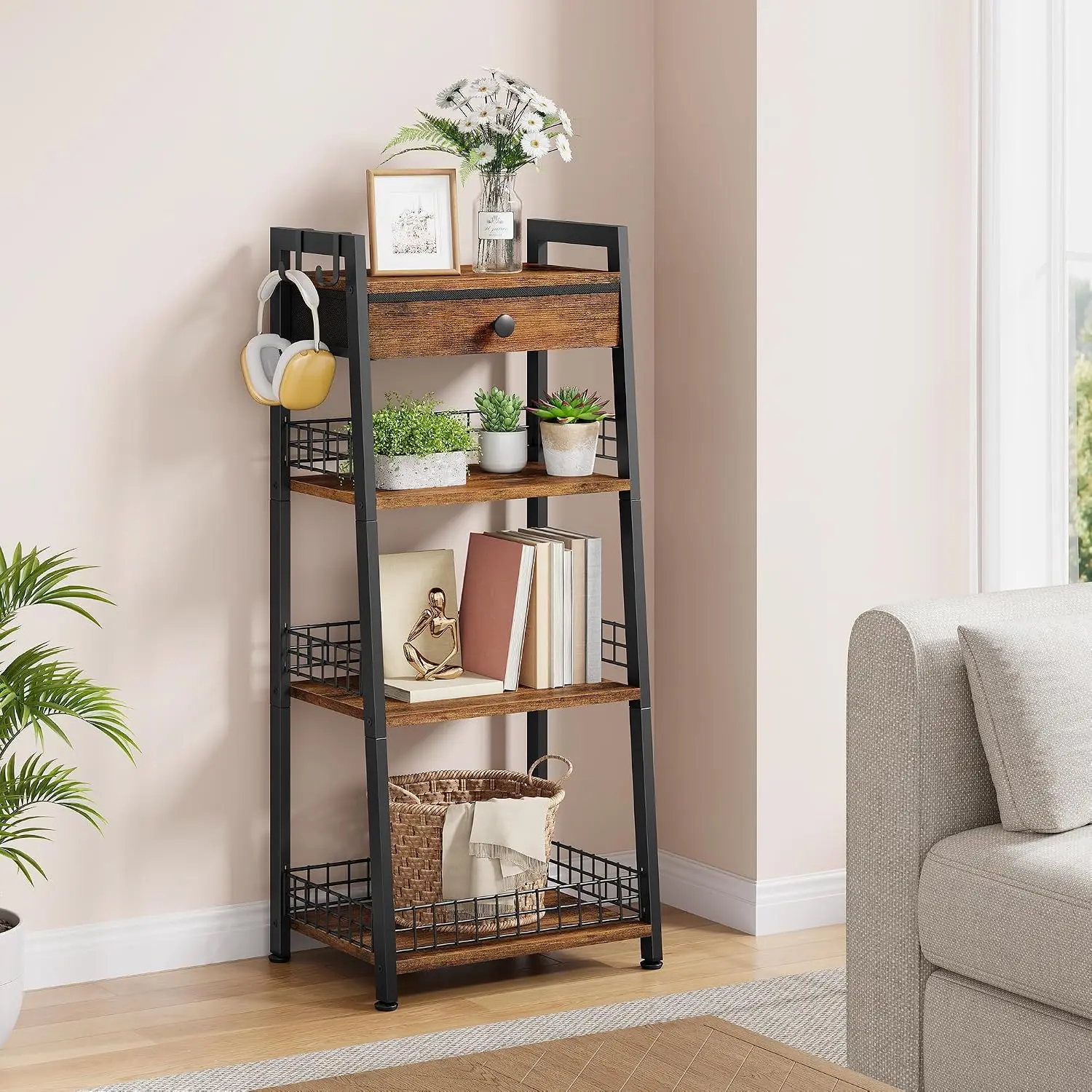 Gewudraw 4-Tier Bathroom Ladder Shelf with Storage Drawer, Rustic Brown