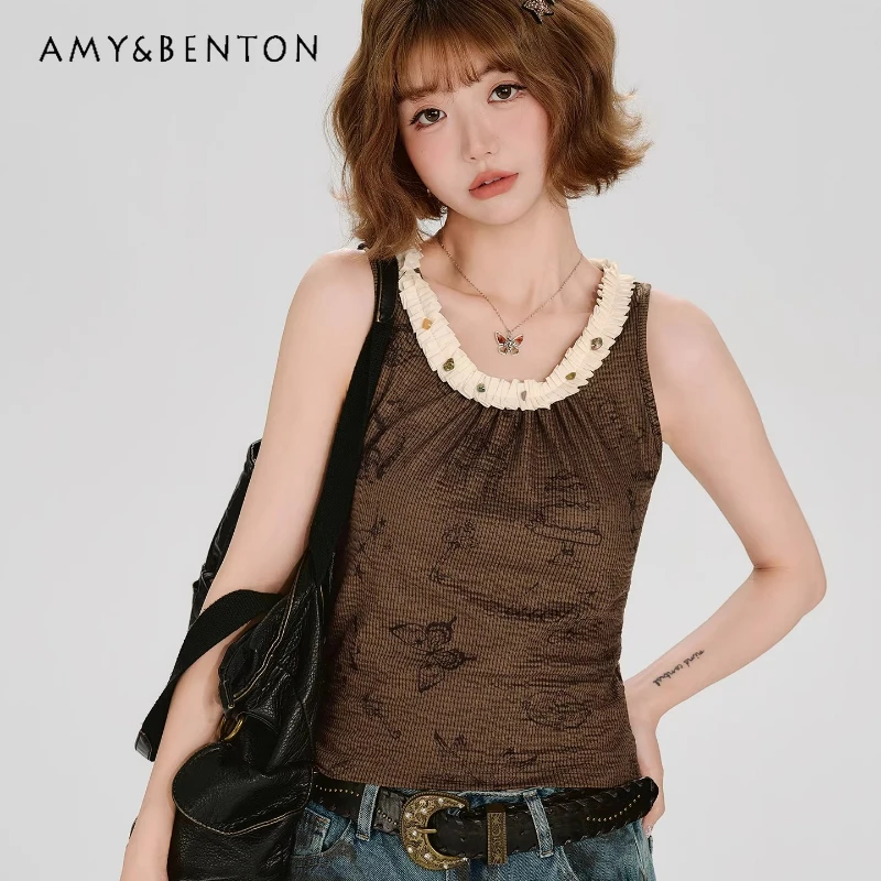 Original Design Women's Sling 2026 Summer New Lace Splicing Animal Printing Slimming Thin Versatile Sleeveless Brown Vest Ladies