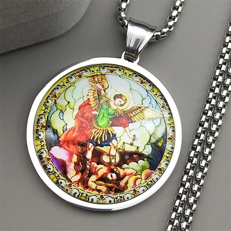 SAINT MICHAEL PROTECT US Erzengel Edelstahl Glas Anhänger Halskette für Frauen Männer Gold Farbe Christian Amulett Schmuck