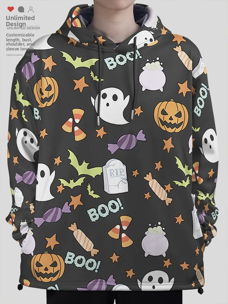 เสื้อฮู้ดลายการ์ตูนน่ารัก ฮาโลวีน ฟักทอง ผี ค้างคาว แฟชั่นสตรีทแวร์ ผู้ชาย แขนยาว พิมพ์ลาย...