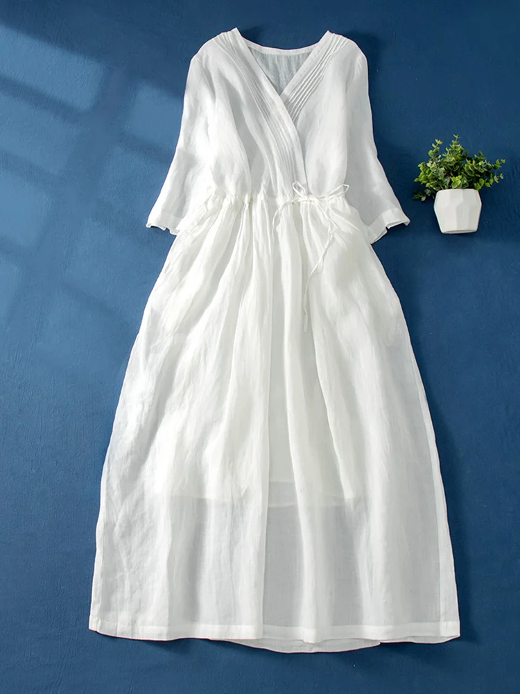 Vestido largo Retro de lino y aodón con cintura pada y cuello en V para mujer, falda acampanada a la moda de verano, ves...