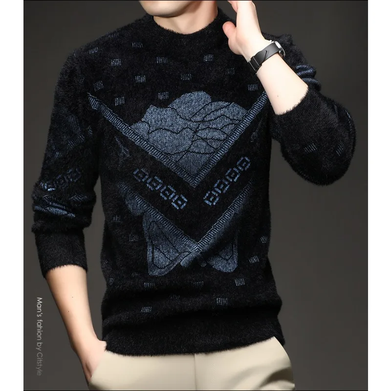 الشتاء الرجال الثقيلة تقليد المنك المخملية سترة تدفئة قاع قميص طويل الأكمام جولة الرقبة بالإضافة إلى سترة سميكة المخملية #5