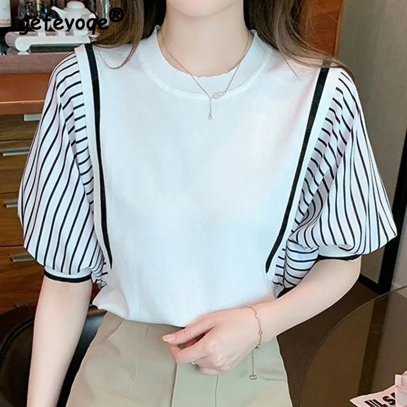 Summer Fashion Two-piece Striped Patchwork Short Sleeved T-shirt Women\'s Clothing Round Neck Loose Half Sleeve Pullover Top