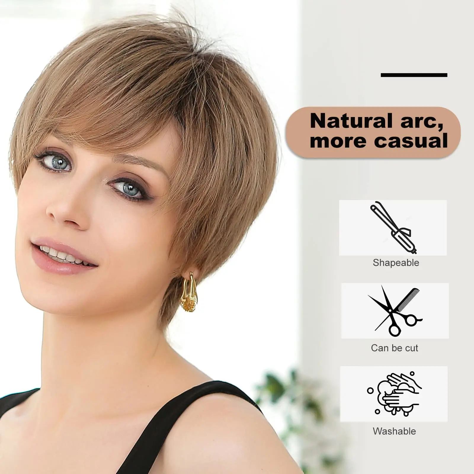 Lace Front Wigs Ombre Light Brown Remy Human Hair Ash Brown Pixie Cut Hairs with Bang Short Straight Wig for Women Bob Human Wig