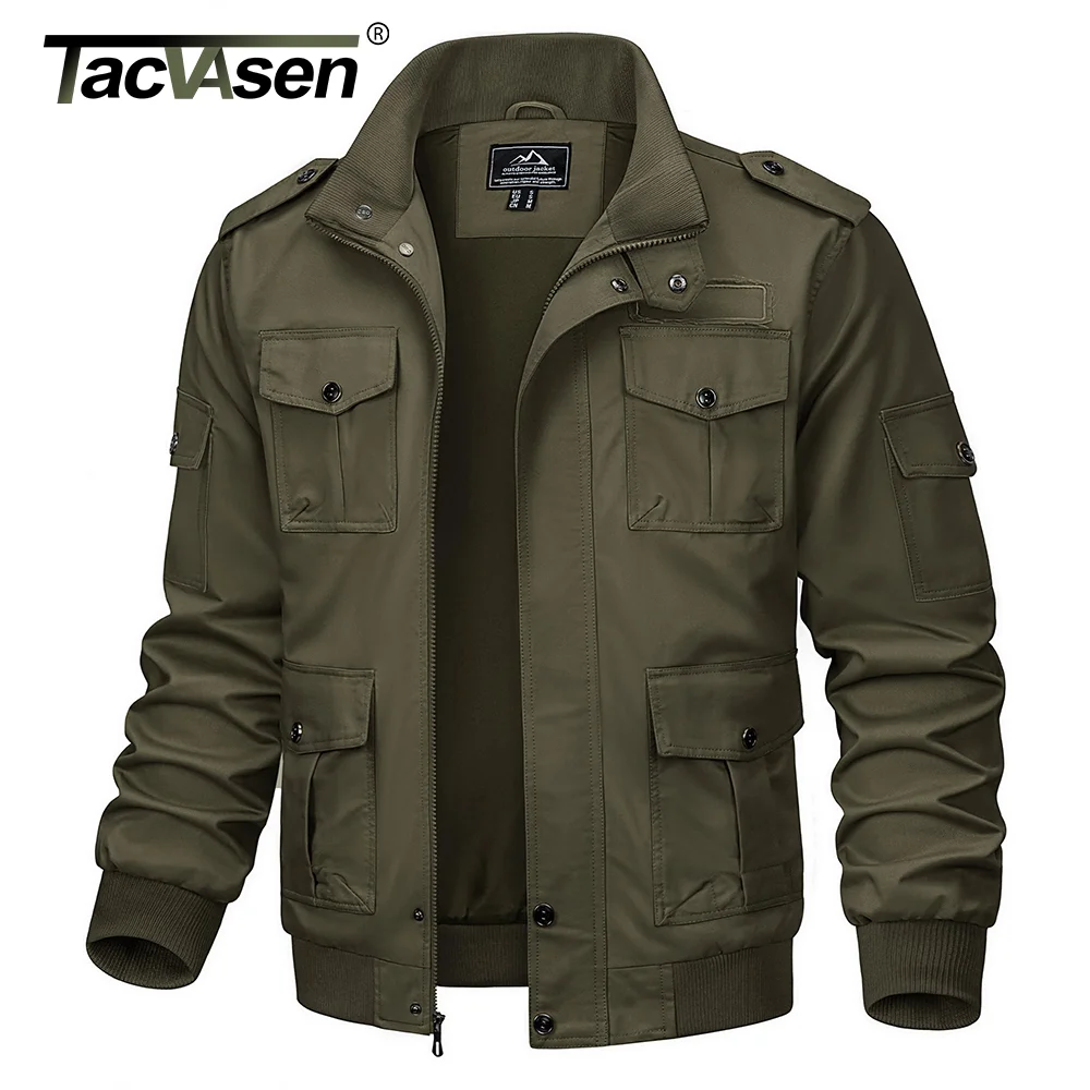 TACVASEN Retro Cargo Jacket Mens Full Zip Stand Collar Cotton Jackets Spring Autumn Lightweight Working Jacket Outwear Male