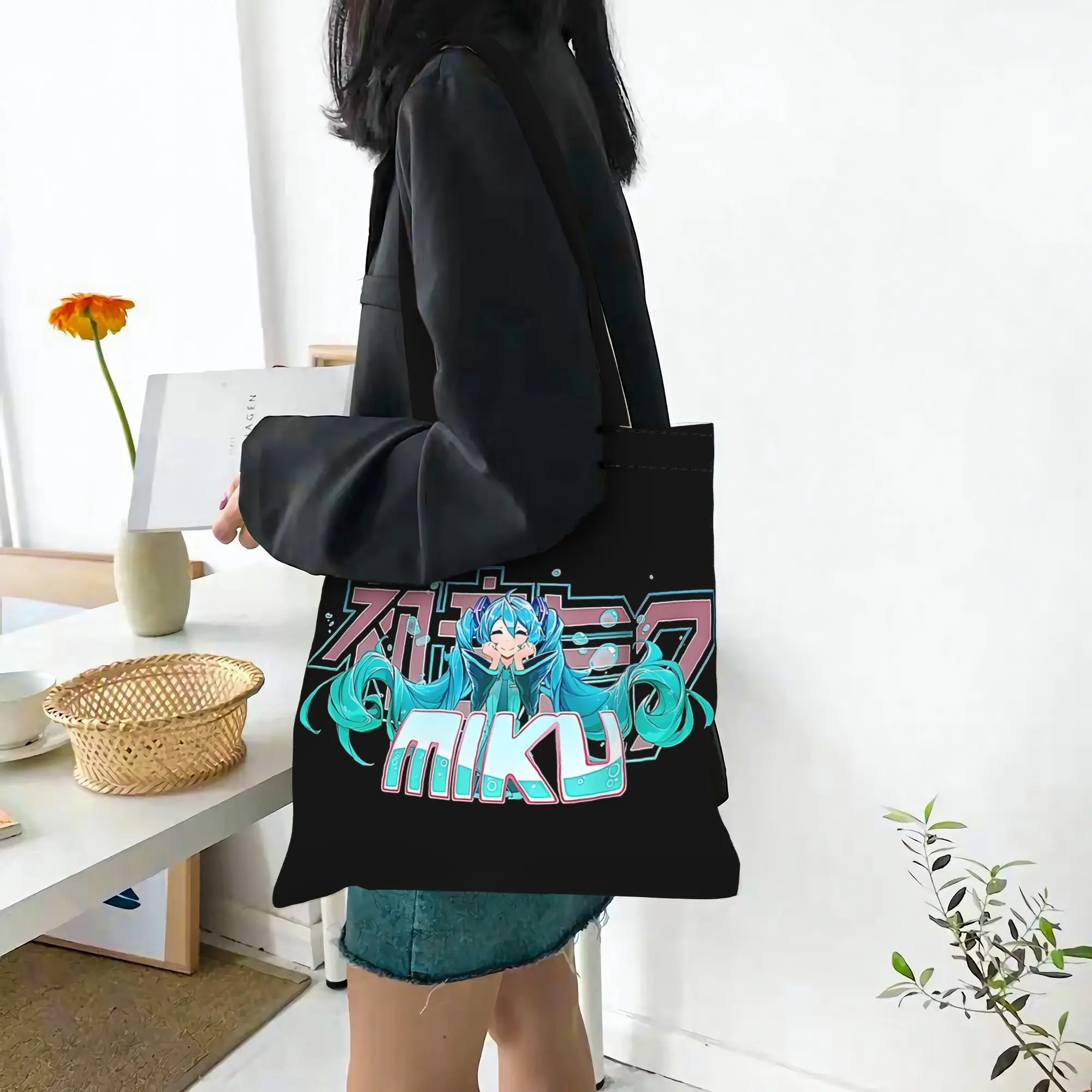 Customized Hatsune Miku Cartoon Singer Women's Bag Shopping Bag Reusable Double Sided Canvas Tote Bag Shoulder  Handbag