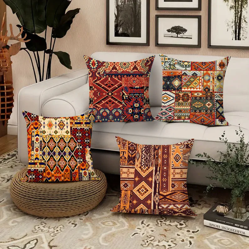 Ethnic Style Geometric Pattern Square Pillow Cover Polyester Sofa Cushion Case for Living Room Bedroom Decorative Throw Pillow