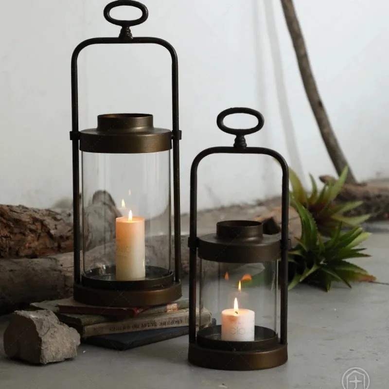 

decorations, iron art wind lamps, transparent glass, romantic candle holders, American retro decorations, large size decorations