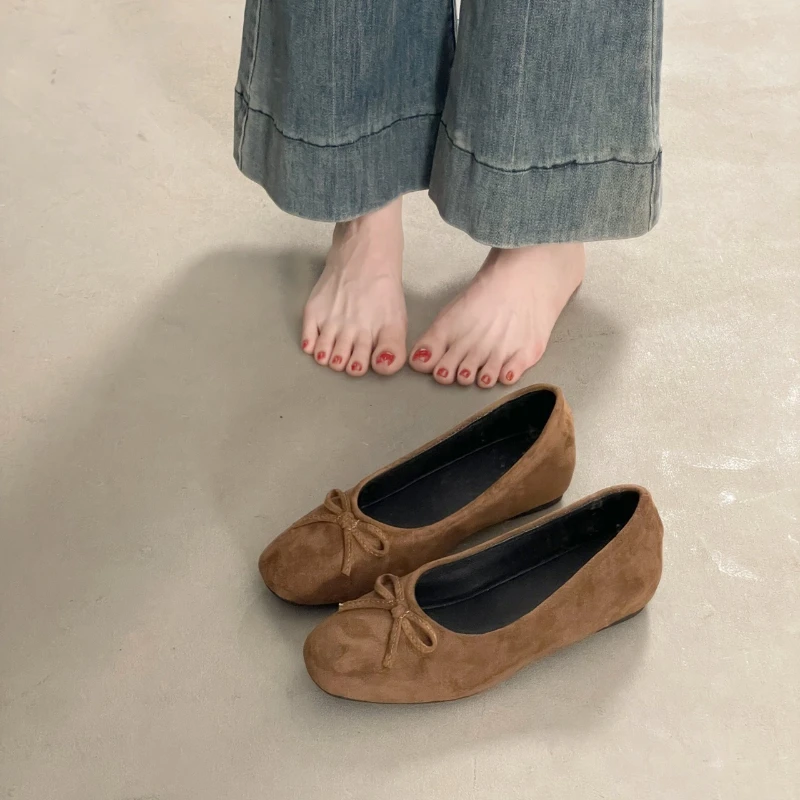 *Newly Arrived Spring Square Toe Comfortable Casual Solid Color Women's Shoes Elegant Shallow Mouth Breathable Bow Flat Shoes