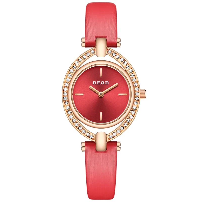 READ Women Oval Quartz Watch | Hollow Outer Bezel | Sunburst Red Dial | Red Textured Strap | Daily Water Resistant Ladies Watch