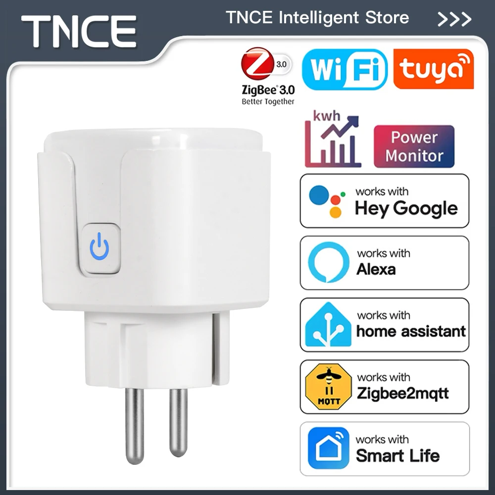 TNCE Tuya EU Plug WiFi or Zigbee3.0 Smart Socket 16/20A, Power Monitor Timer Function Voice Control With Alexa Google Home