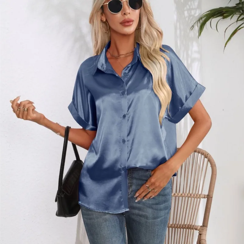 

Trend Fashion Women's Casual Elegant Satin Long Sleeved Shirts Office Women's Lapel Blouses Straight Femal Clothes 2025 Summer