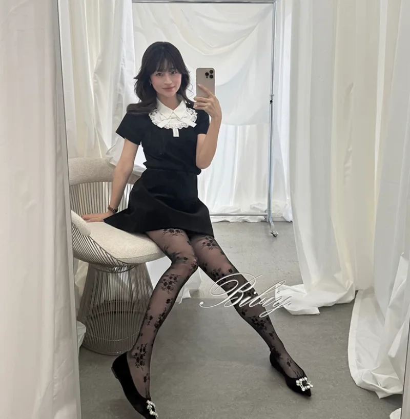 Girl's Tops Japanese French Style Feminine Short Sleeve Tees Lace Casual T-Shirts Ribbon Contrasting Color Blouse for Women