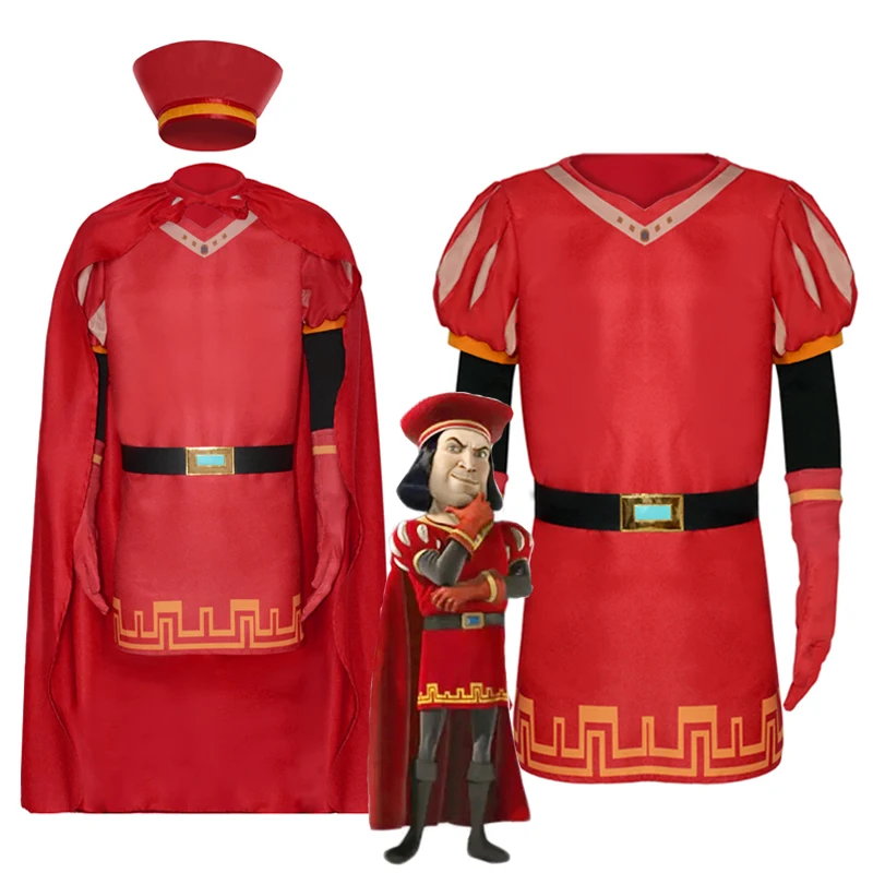 ผู้ชาย Lord Farquaad คอสเพลย์เครื่องแต่งกายผู้ใหญ่ King Farquaad หมวกเสื้อคลุมสีแดง Cape Tops กับเข็มขัด Deluxe ชุดสําหรับฮาโลวีน