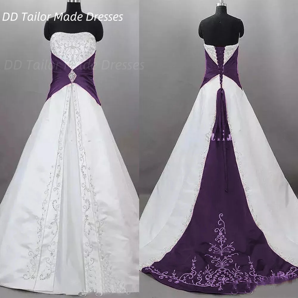 Vintage borduurwerk trouwjurk wit en bordeaux a-lijn satijnen bruidsjurken robe de marée kant-up terug aangepaste vestido