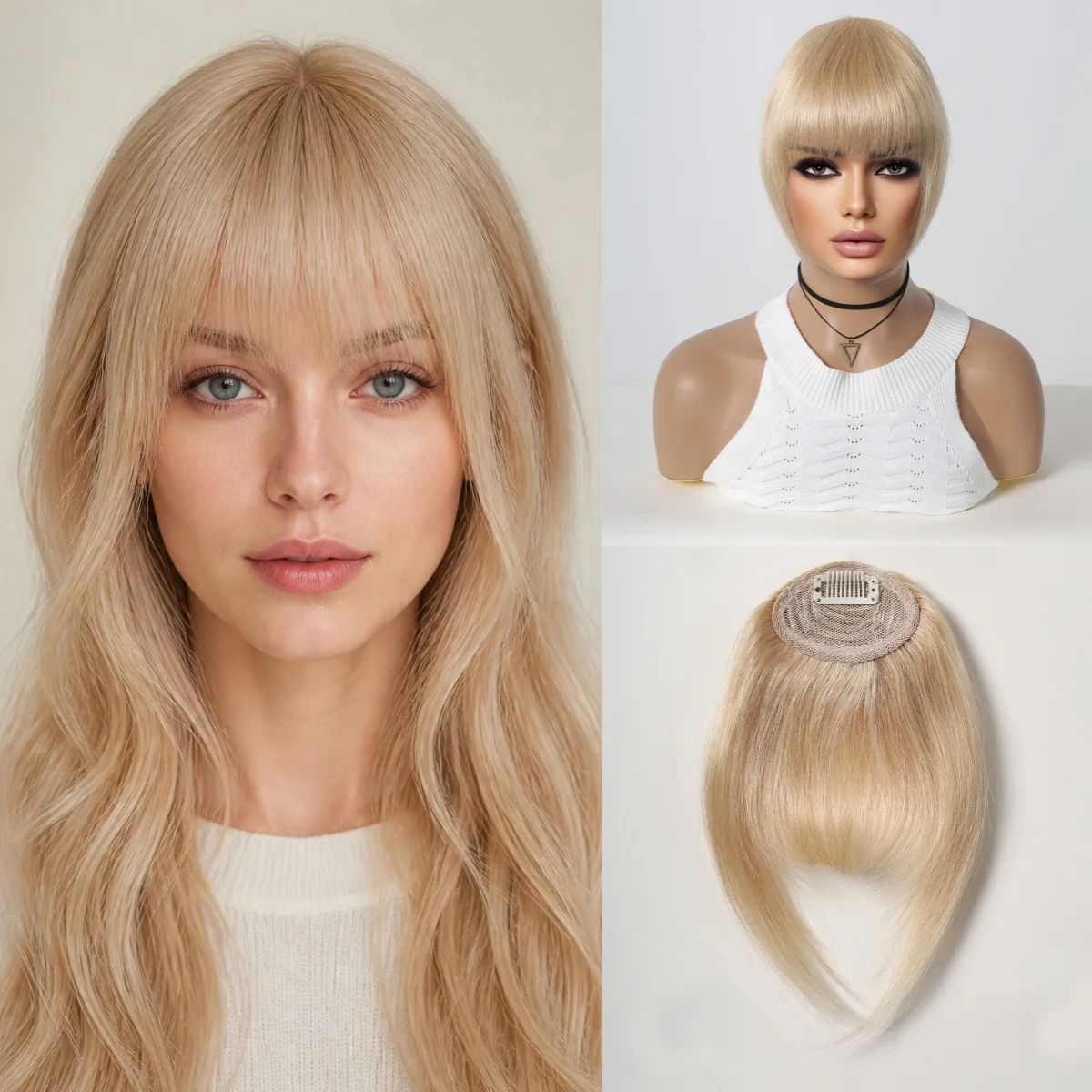 100% Human Hair Clip-In Bangs with Side Pieces, Light Blonde Wispy Fringe Hair Extension Seamless Mesh Base for Women