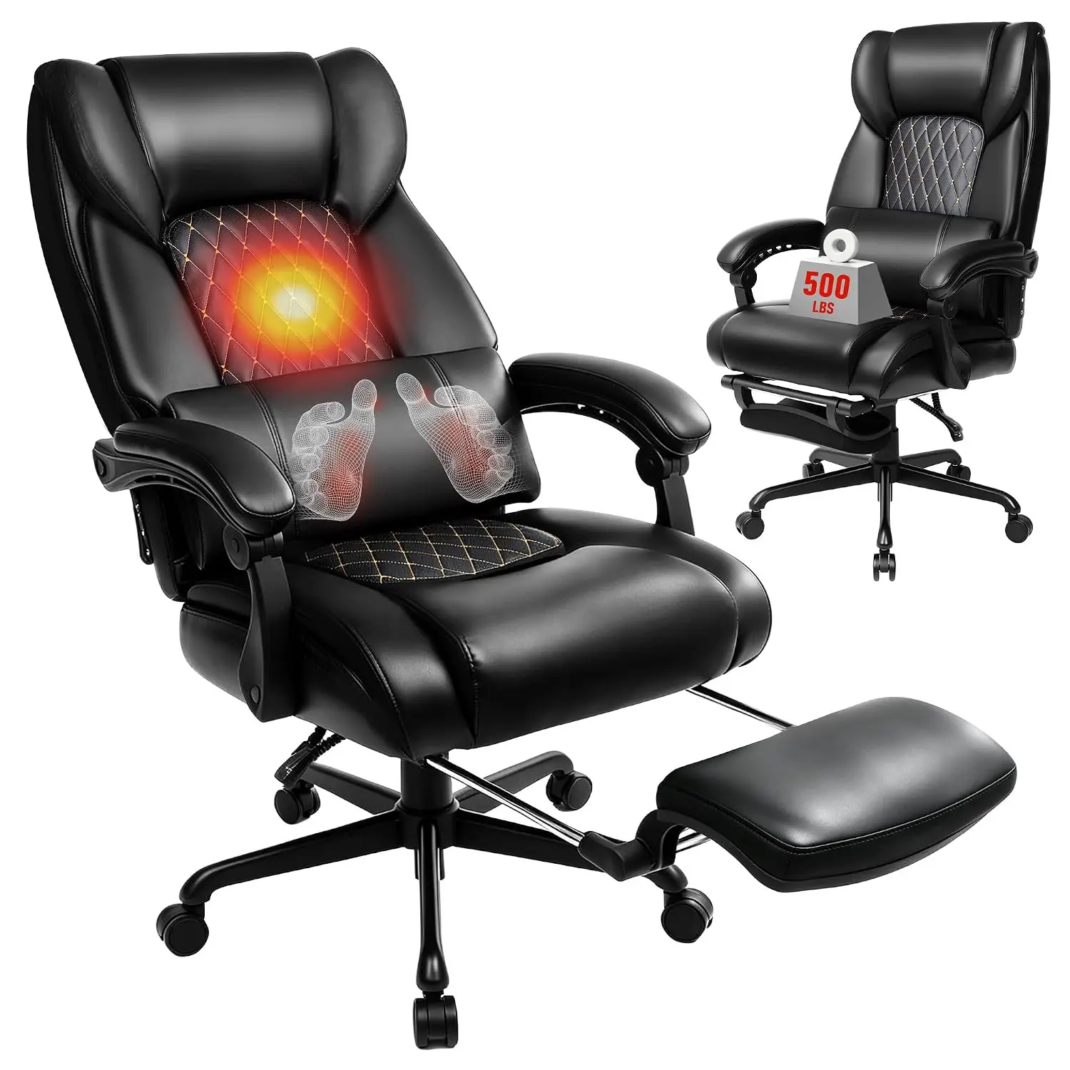 3D Kneading Massage Office Chair with Heat, 500 lbs Big and Tall Executive Computer Desk Recliner, Leather Electric Heated Chair