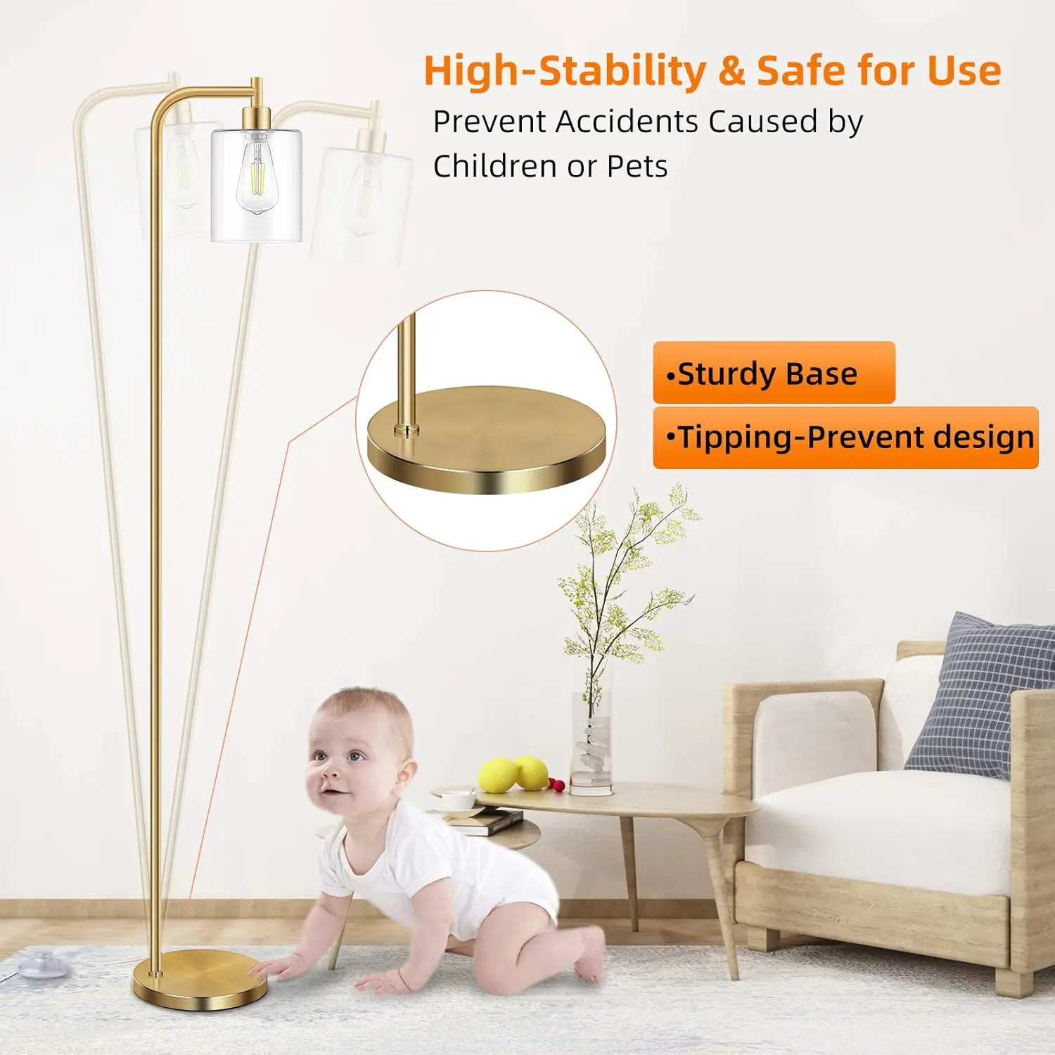 Vintage Industrial Floor Lamp with Glass Shade, Brass Gold Farmhouse Standing Light for Living Room Bedroom Office view 5