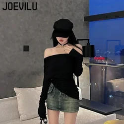 Black Asymmetric Niche Tops Off Shoulder Pleated Slim Fit Long Sleeve T-shirt Women's Korean Fashion Y2k Streetwear Skinny Tee