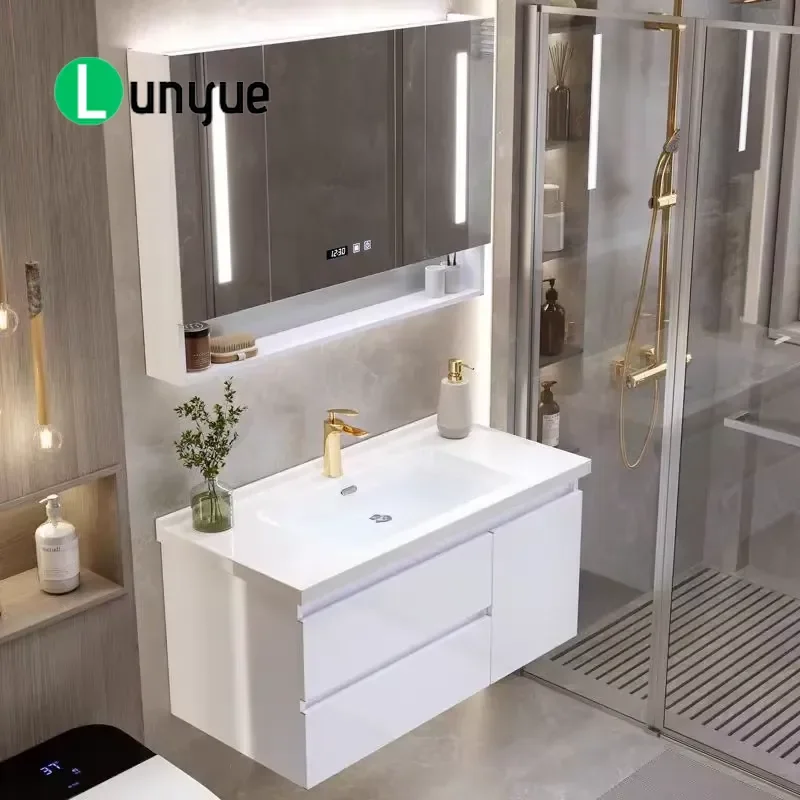 Modern White Bathroom Cabinet with Ceramic Basin Stainless Steel Mirror Vanity Unit Toilet Storage Furniture for Contemporary