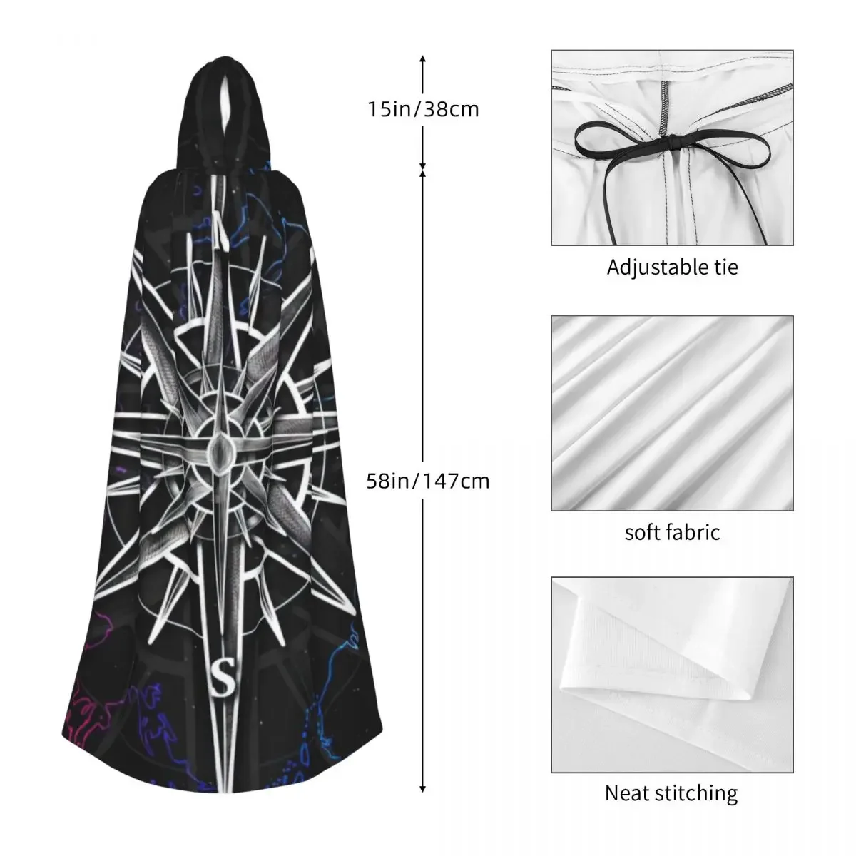 Navigator Compass Mantello con cappuccio Festa di Halloween Cosplay Donna Uomo Adulto Cappuccio lungo da stregoneria