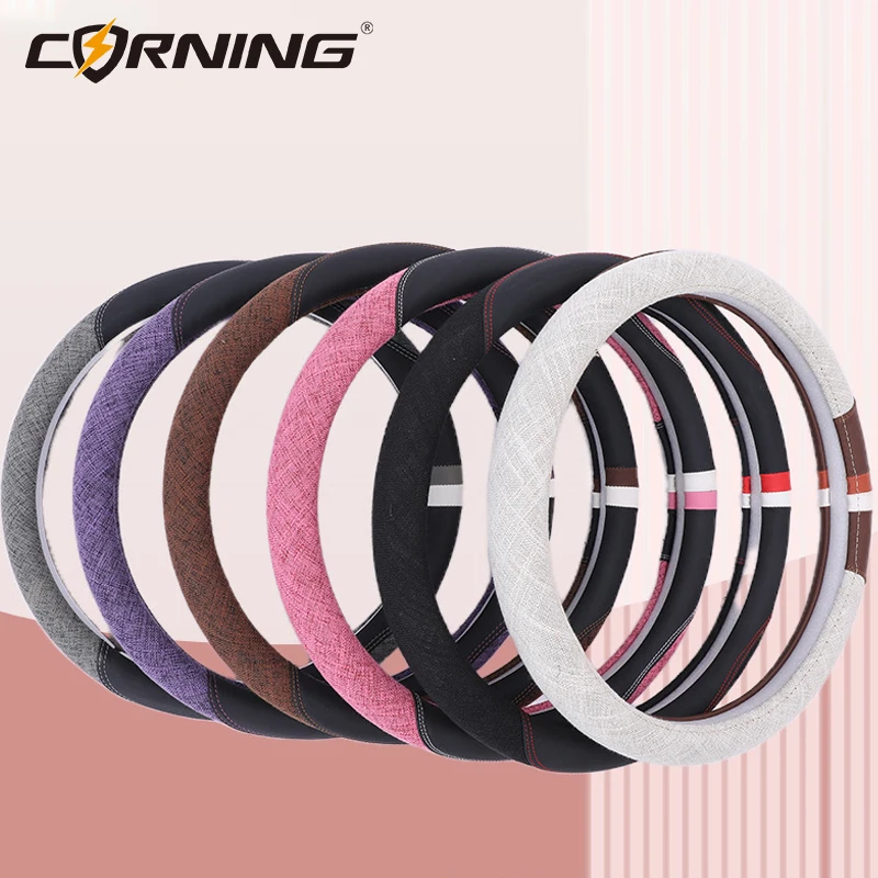 

Car Steering Wheel Cover Protective Accessory Interior Decor Linen Artificial Leather 37-38cm Diameter Anti-Slip Breathable Styl