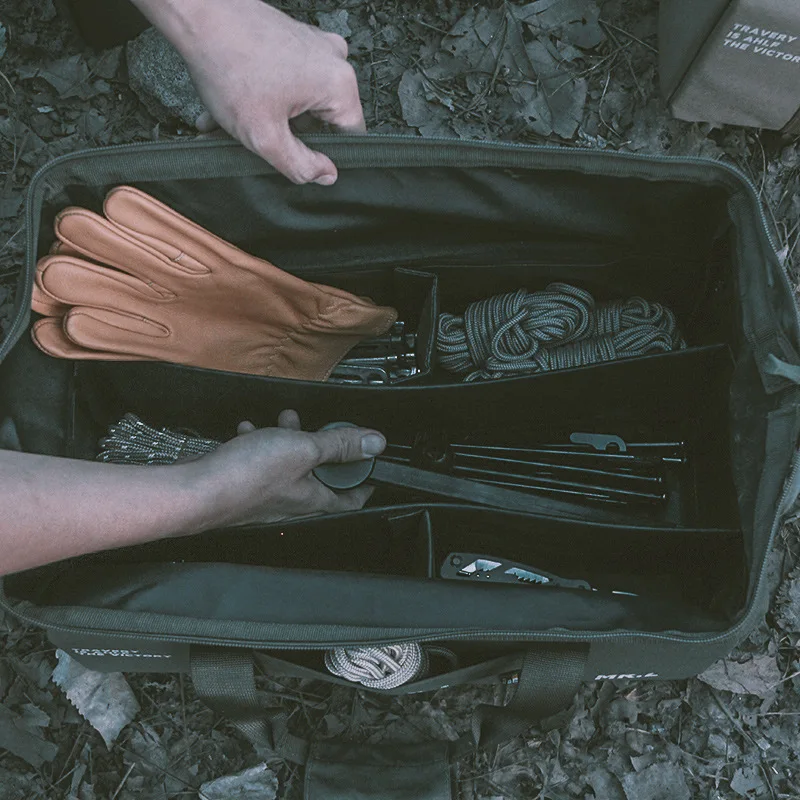 Outdoor camping equipment and tools are enlarged, thickened, and divided into anti-collision nail bags