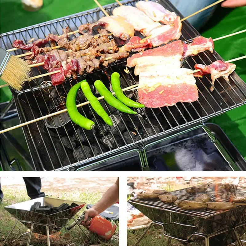 Home Garden Non-smoke Charcoal BBQ Grill Stainless Steel Folding BBQ Grill Camping BBQ Skewers Grill Outdoor Camping Picnic Tool