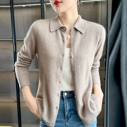 Cashmere Sweater knit Cardigan for Women's 2024 Autumn/Winter Solid Color POLO Neck Jacket Soft Long Sleeve Loose Large Size Top