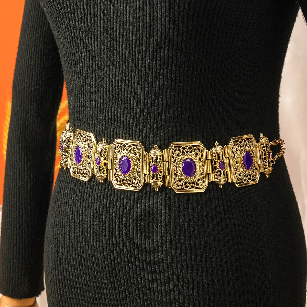 Moroccan Bridal Belt With Square Cutout Design - Golden-Tone Metal Waist Chain For Weddings & Evening Events